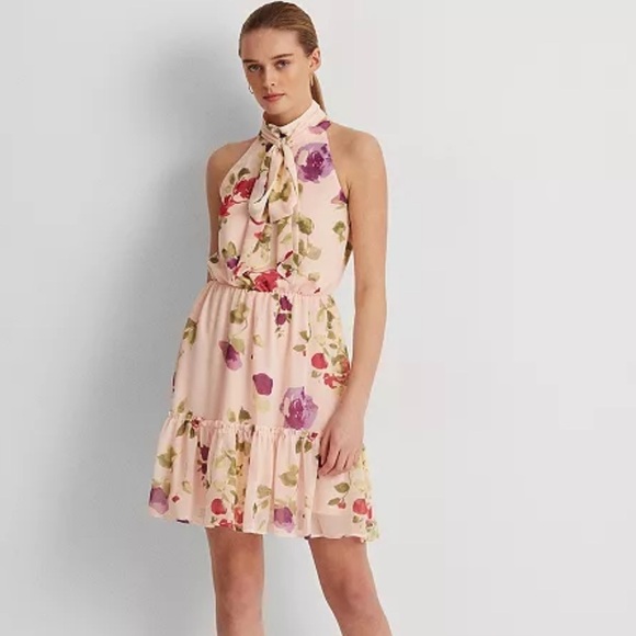 Lauren Ralph Lauren: Flowy Ruffle Tie Neck Floral Print Mini Dress Size 16 (NWT) - Picture 1 of 8